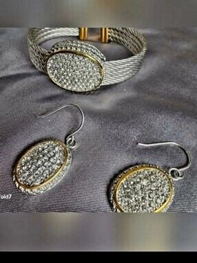 DSMK stainless steel cable Cuff Bracelet crystal Fold Silver Matching Earrings